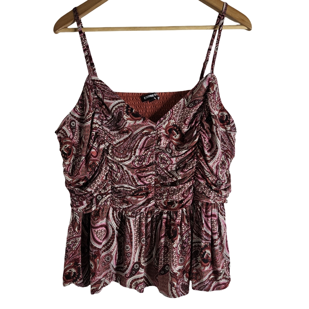 Express Womens XL Paisley Ruched Smocked Peplum Camisole Top Burgundy Mauve